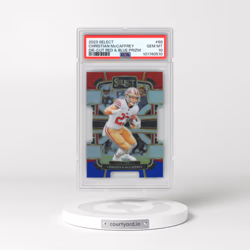 2023 Panini Select #88 Christian McCaffrey - Die-Cut Red & Blue Prizm (PSA 10 GEM MINT)