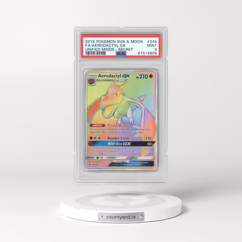 2019 Pokémon Sun & Moon Unified Minds #244 Aerodactyl GX - Holo Full Art Secret (PSA 9 MINT)