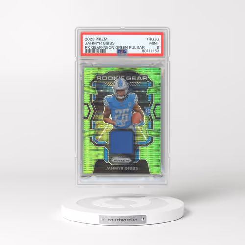 2023 Panini Prizm Rookie Gear #RGJG Jahmyr Gibbs - Neon Green Pulsar (PSA 9 MINT)