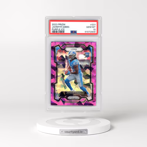 2023 Panini Prizm #331 Jahmyr Gibbs - Purple Ice (PSA 10 GEM MINT)