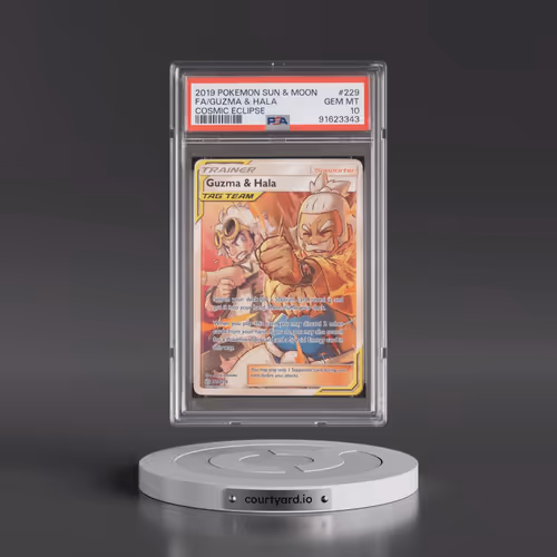 2019 Pokémon Sun & Moon Cosmic Eclipse #229 Guzma & Hala - Full Art (PSA 10 GEM MINT)