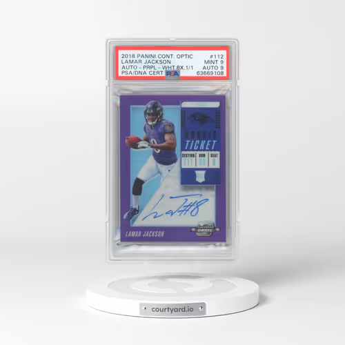 2018 Panini Contenders Optic #112 Lamar Jackson - Autograph-Purple-White Box 1/1 (PSA 9 MINT)