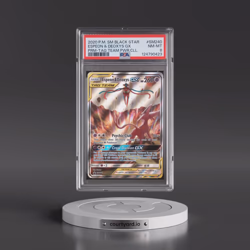2020 Pokémon SM Black Star Promo #SM240 Espeon & Deoxys GX - Holo Tag Team Powers Collection (PSA 8