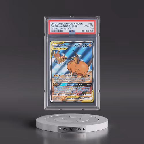 2019 Pokémon Sun & Moon Unified Minds #221 Raichu & Alolan Raichu GX - Holo Full Art (PSA 10 GEM MIN
