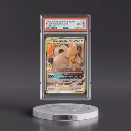2019 Pokémon Sun & Moon Team Up #120 Eevee & Snorlax GX - Holo (PSA 10 GEM MINT)
