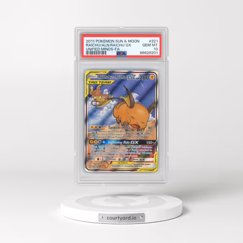 2019 Pokémon Sun & Moon Unified Minds #221 Raichu & Alolan Raichu GX - Holo Full Art (PSA 10 GEM MINT)