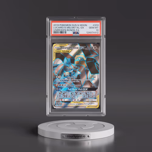 2019 Pokémon Sun & Moon Unbroken Bonds #203 Lucario & Melmetal GX - Holo Full Art (PSA 10 GEM MINT)