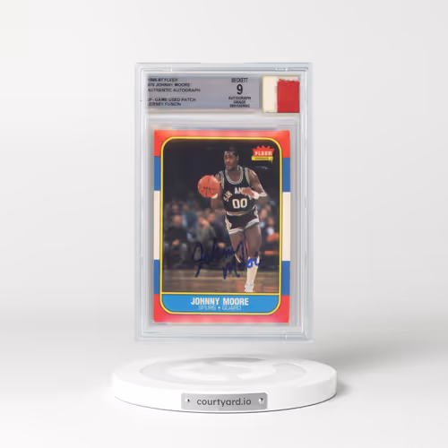 1986-87 Fleer #76 Johnny Moore - Jersey Fusion - Game used patch (BGS AUTOGRAPH 9)