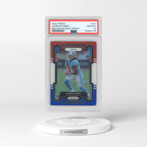 2023 Panini Prizm #331 Jahmyr Gibbs - Red/White/Blue Prizm (PSA 10 GEM MINT)
