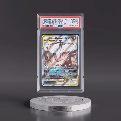 2020 Pokémon SM Black Star Promo #SM240 Espeon & Deoxys GX - Holo Tag Team Powers Collection (PSA 8