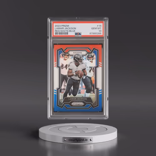 2023 Panini Prizm #18 Lamar Jackson - Red/White/Blue Prizm (PSA 10 GEM MINT)