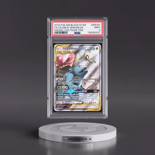 2019 Pokémon SM Black Star Promo #SM167 Celebi & Venusaur GX - Holo Full Art Tag Team Tins (PSA 9 MI