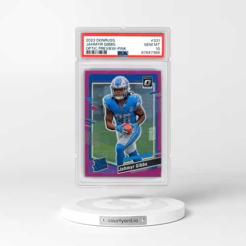 2023 Panini Donruss #331 Jahmyr Gibbs - Optic Preview-Pink (PSA 10 GEM MINT)