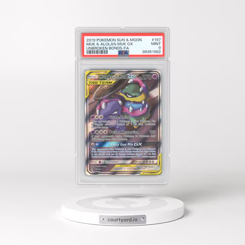 2019 Pokémon Sun & Moon Unbroken Bonds #197 Muk & Alolan Muk GX - Holo Full Art (PSA 9 MINT)