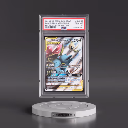 2019 Pokémon SM Black Star Promo #SM167 Celebi & Venusaur GX - Holo Full Art Tag Team Tins (PSA 10 G
