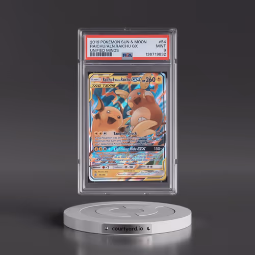 2019 Pokémon Sun & Moon Unified Minds #54 Raichu & Alolan Raichu GX - Holo (PSA 9 MINT)
