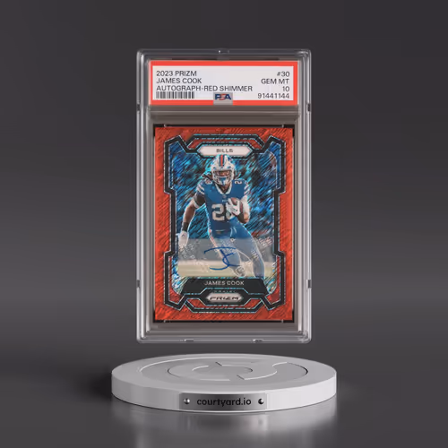 2023 Panini Prizm #30 James Cook - Autograph-Red Shimmer (PSA 10 GEM MINT)