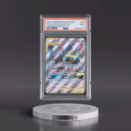 2019 Pokémon Sun & Moon Unbroken Bonds #196 Muk & Alolan Muk GX - Holo Full Art (PSA 9 MINT)