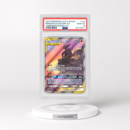 2019 Pokémon Sun & Moon Unbroken Bonds #199 Marshadow & Machamp GX - Holo Full Art (PSA 10 GEM MINT)
