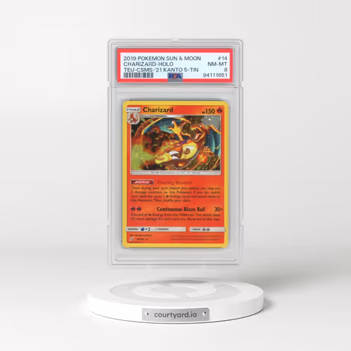2019 Pokémon Sun & Moon Team Up #14 Charizard - Holo Cosmos-2021 Kanto 5-Tin Exclusive (PSA 8 NM-MT)