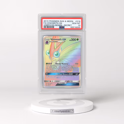 2019 Pokémon Sun & Moon Unbroken Bonds #216 Venomoth GX - Holo Full Art Secret (PSA 10 GEM MINT)