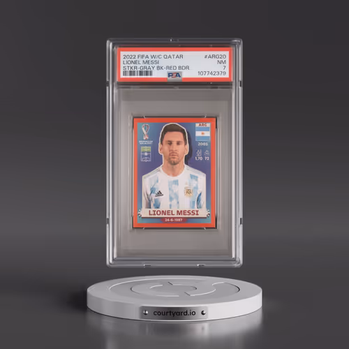 2022 Panini FIFA World Cup Qatar Stickers #ARG20 Lionel Messi - Gray Back-Red Border (PSA 7 NM)