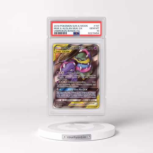 2019 Pokémon Sun & Moon Unbroken Bonds #197 Muk & Alolan Muk GX - Holo Full Art (PSA 10 GEM MINT)