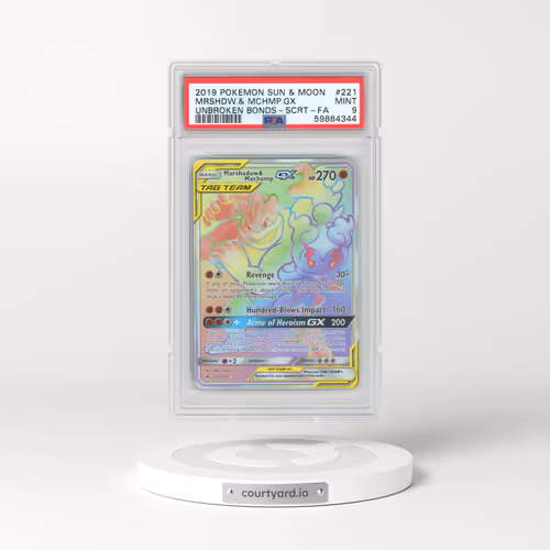 2019 Pokémon Sun & Moon Unbroken Bonds #221 Marshadow & Machamp GX - Holo Full Art Secret (PSA 9 MINT)