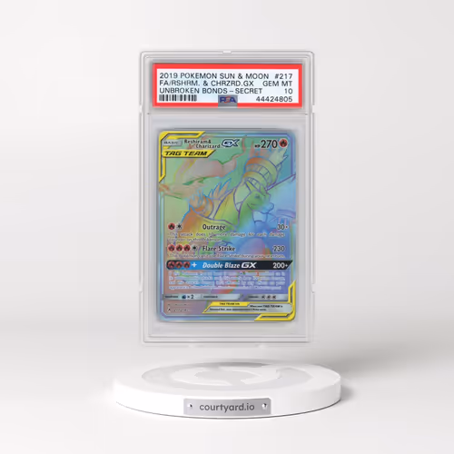 2019 Pokémon Sun & Moon Unbroken Bonds #217 Reshiram & Charizard GX - Holo Full Art Secret (PSA 10 G