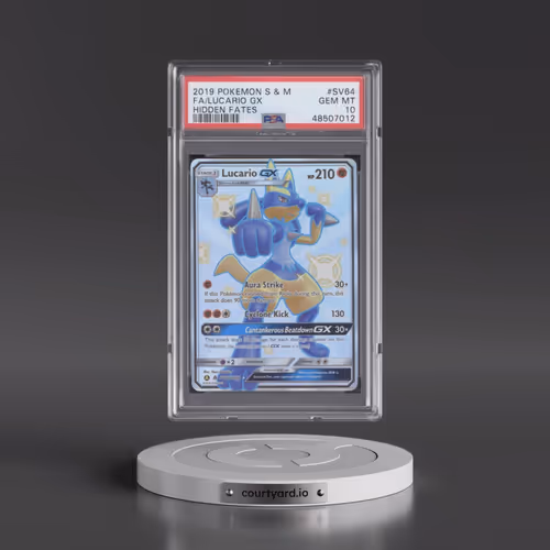 2019 Pokémon Sun & Moon Hidden Fates #SV64 Lucario GX - Holo Full Art (PSA 10 GEM MINT)