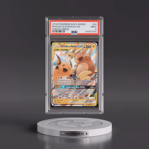 2019 Pokémon Sun & Moon Unified Minds #54 Raichu & Alolan Raichu GX - Holo (PSA 9 MINT)