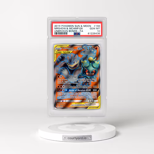 2019 Pokémon Sun & Moon Unbroken Bonds #198 Marshadow & Machamp GX - Holo Full Art (PSA 10 GEM MINT)