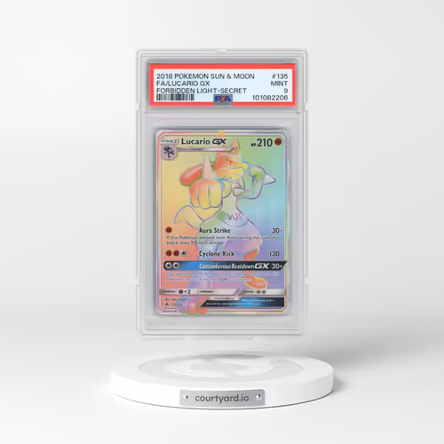 2018 Pokémon Sun & Moon Forbidden Light #135 Lucario GX - Holo Full Art Secret (PSA 9 MINT)