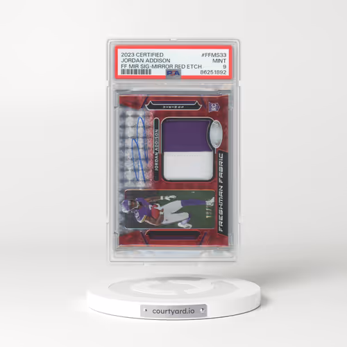 2023 Panini Certified Freshman Fabric Mirror Signature #FFMS33 Jordan Addison - Mirror Red Etch (PSA 9 MINT)