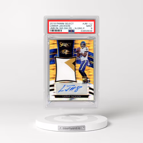 2018 Panini Select Jumbo Rookie Signature Swatch Prizm #JMLJ Lamar Jackson - Neon Orange Pulsar (PSA