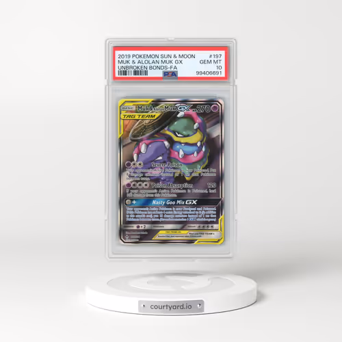 2019 Pokémon Sun & Moon Unbroken Bonds #197 Muk & Alolan Muk GX - Holo Full Art (PSA 10 GEM MINT)