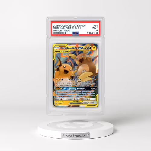2019 Pokémon Sun & Moon Unified Minds #54 Raichu & Alolan Raichu GX - Holo (PSA 9 MINT)