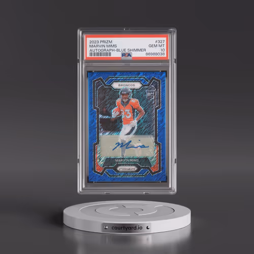 2023 Panini Prizm #327 Marvin Mims - Autograph-Blue Shimmer (PSA 10 GEM MINT)