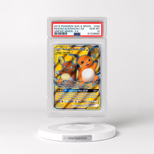 2019 Pokémon Sun & Moon Unified Minds #220 Raichu & Alolan Raichu GX - Holo Full Art (PSA 10 GEM MINT)