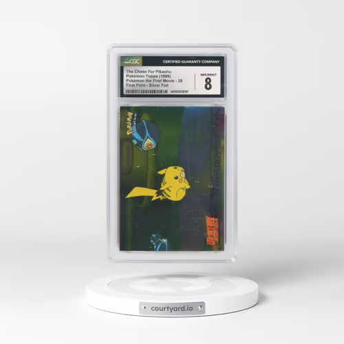 1999 Pokémon the First Movie #28 The Chase For Pikachu - First Print (Blue Topps Logo) Silver Foil (CGC 8 NM-MT)