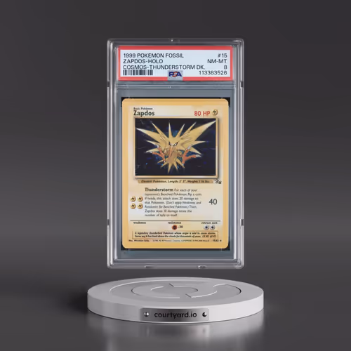 1999 Pokémon Fossil #15 Zapdos - Holo Cosmos-Thunderstorm Deck (PSA 8 NM-MT)
