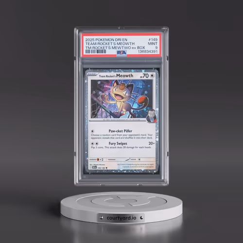 2025 Pokémon Dri EN-Destined Rivals #149 Team Rocket's Meowth - Team Rocket's Mewtwo EX Box (PSA 9 M