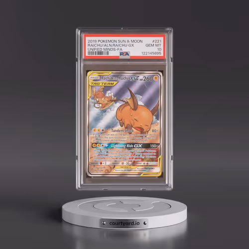 2019 Pokémon Sun & Moon Unified Minds #221 Raichu & Alolan Raichu GX - Holo Full Art (PSA 10 GEM MIN