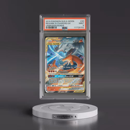 2019 Pokémon Sun & Moon Unbroken Bonds #20 Reshiram & Charizard GX - Holo (PSA 9 MINT)