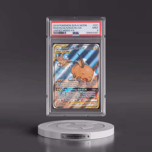 2019 Pokémon Sun & Moon Unified Minds #221 Raichu & Alolan Raichu GX - Holo Full Art (PSA 9 MINT)