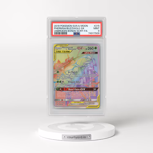 2019 Pokémon Sun & Moon Unbroken Bonds #215 Pheromosa & Buzzwole GX - Holo Full Art Secret (PSA 9 MINT)