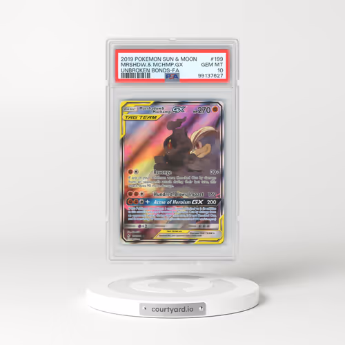 2019 Pokémon Sun & Moon Unbroken Bonds #199 Marshadow & Machamp GX - Holo Full Art (PSA 10 GEM MINT)