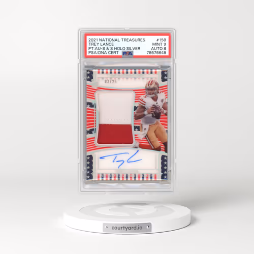 2021 Panini National Treasures #158 Trey Lance - Patch Autograph-Stars & Stripes Holo Silver (PSA 9 MINT)