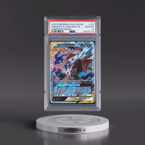 2019 Pokémon Sun & Moon Unbroken Bonds #107 Greninja & Zoroark GX - Holo (PSA 10 GEM MINT)