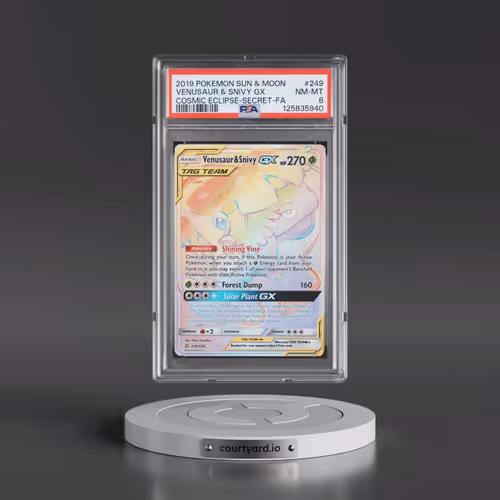 2019 Pokémon Sun & Moon Cosmic Eclipse #249 Venusaur & Snivy GX - Holo Full Art Secret (PSA 8 NM-MT)